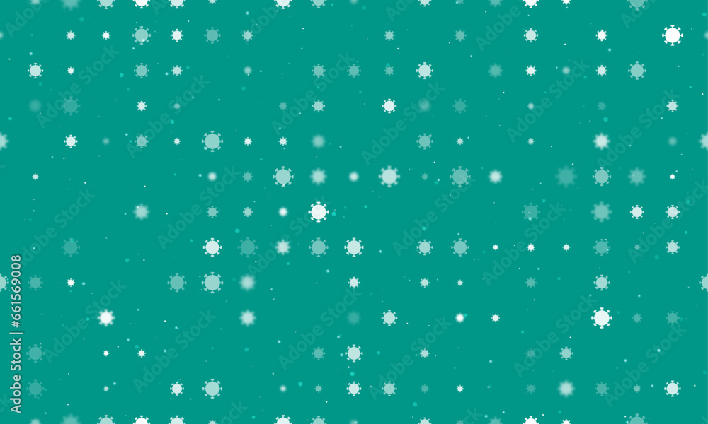 Poster seamless background pattern of evenly spaced white coronavirus symbols of different sizes and opacit