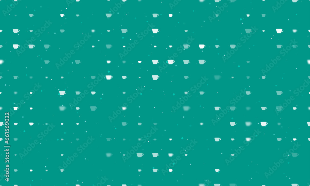 Poster seamless background pattern of evenly spaced white coffee cup symbols of different sizes and opacity
