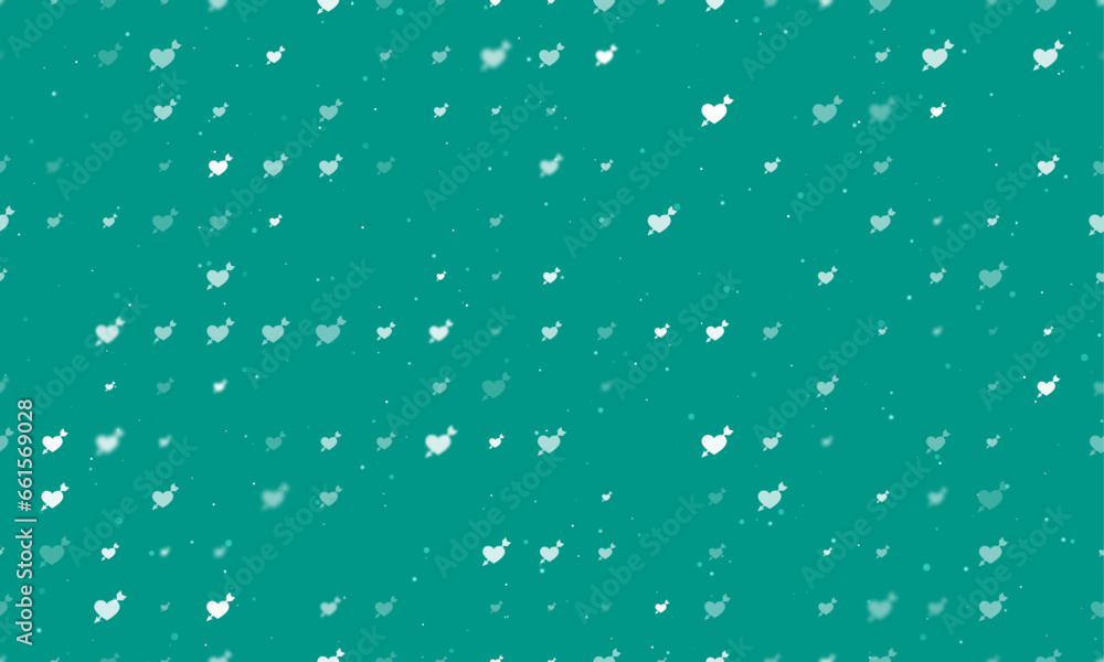 Poster seamless background pattern of evenly spaced white cupid arrow symbols of different sizes and opacit