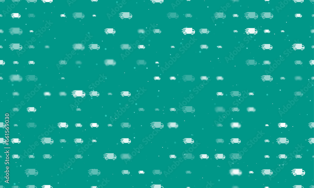 Poster seamless background pattern of evenly spaced white delivery symbols of different sizes and opacity. 