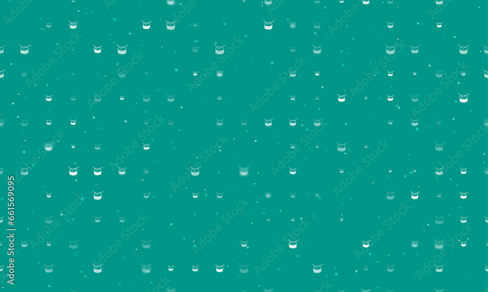 Poster seamless background pattern of evenly spaced white drum symbols of different sizes and opacity. vect