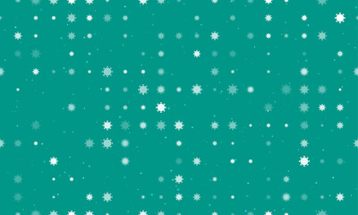 Seamless background pattern of evenly spaced white coronavirus symbols of different sizes and opacity. Vector illustration on teal background with stars