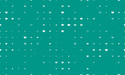 Seamless background pattern of evenly spaced white coffee cup symbols of different sizes and opacity. Vector illustration on teal background with stars