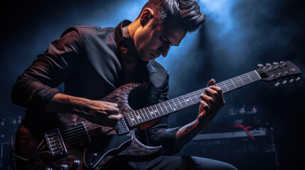 Obraz premium Male musician playing guitar at a rock concert