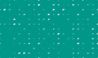 Seamless background pattern of evenly spaced white dove of peace symbols of different sizes and opacity. Vector illustration on teal background with stars