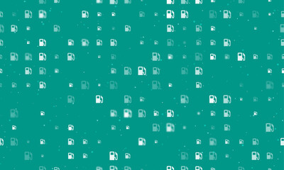 Seamless background pattern of evenly spaced white gas station symbols of different sizes and opacity. Vector illustration on teal background with stars