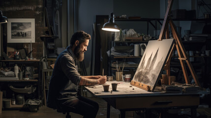 Male artist working on painting in his studio