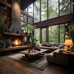 Living room with a fireplace in the woods.