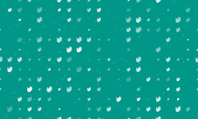 Seamless background pattern of evenly spaced white hands of different sizes and opacity. Vector illustration on teal background with stars