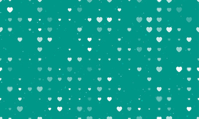 Seamless background pattern of evenly spaced white hearts of different sizes and opacity. Vector illustration on teal background with stars