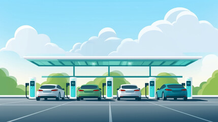copy space, flat 2D vector illustration, hand drawn, copy space, electric cars charging at Modern fast electric vehicle chargers in carpark. Green energy, renewable energy, sustainable energy. Electri