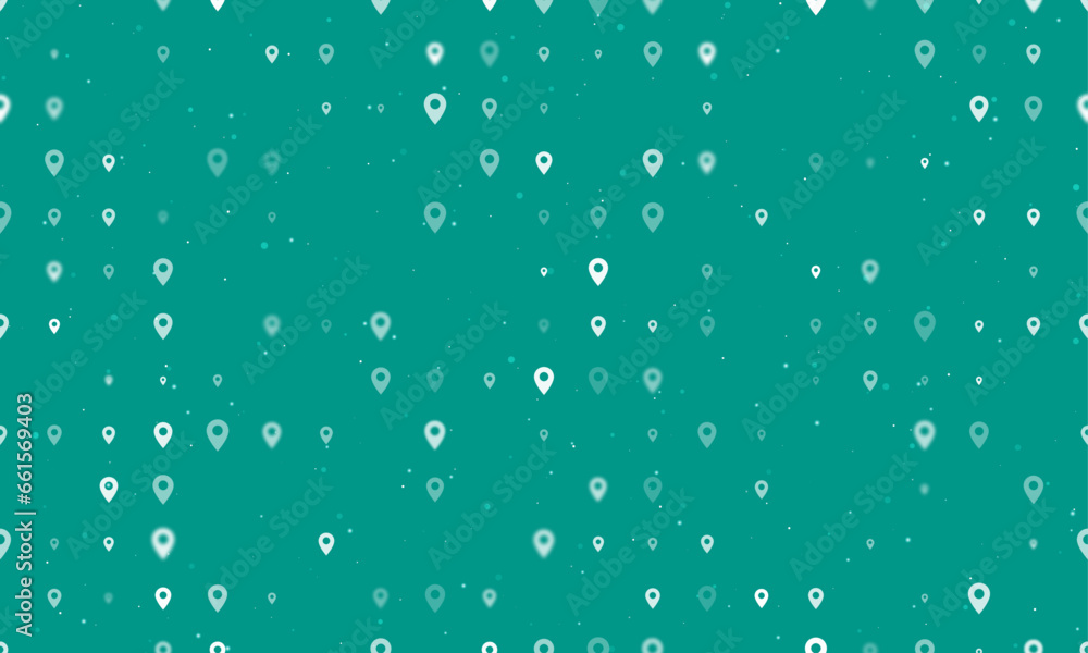 Poster seamless background pattern of evenly spaced white location symbols of different sizes and opacity. 