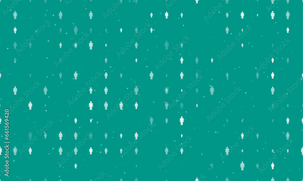 Poster seamless background pattern of evenly spaced white man symbols of different sizes and opacity. vecto