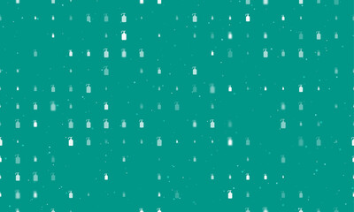Seamless background pattern of evenly spaced white liquid soap symbols of different sizes and opacity. Vector illustration on teal background with stars