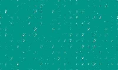 Seamless background pattern of evenly spaced white magnifier symbols of different sizes and opacity. Vector illustration on teal background with stars