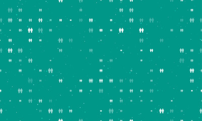 Seamless background pattern of evenly spaced white man with man symbols of different sizes and opacity. Vector illustration on teal background with stars