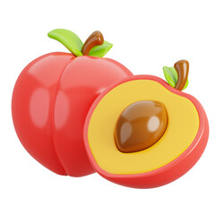 Fresh peach fruit half with leaf isolated. Cartoon fruits icon. 3d render illustration.