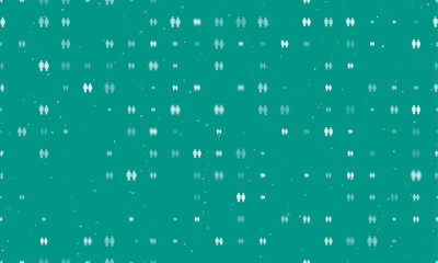 Seamless background pattern of evenly spaced white man with woman symbols of different sizes and opacity. Vector illustration on teal background with stars