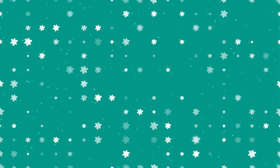 Seamless background pattern of evenly spaced white narcissus flowers of different sizes and opacity. Vector illustration on teal background with stars
