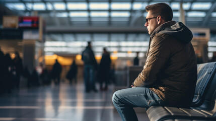 Man in airport looking to flight timetable
