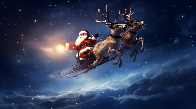 Santa Claus riding a sleigh with reindeer in the sky at night. Marry Christmas.