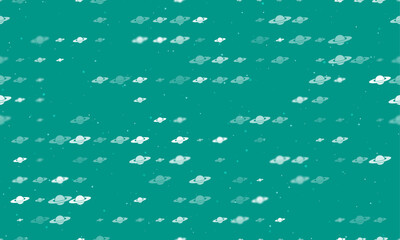 Seamless background pattern of evenly spaced white saturn symbols of different sizes and opacity. Vector illustration on teal background with stars
