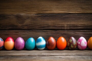 vibrant Easter eggs on timber backdrop. Generative AI