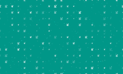 Seamless background pattern of evenly spaced white school supplies symbols of different sizes and opacity. Vector illustration on teal background with stars