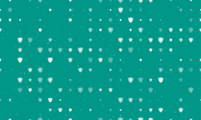 Seamless background pattern of evenly spaced white shield symbols of different sizes and opacity. Vector illustration on teal background with stars