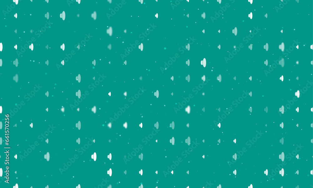 Poster seamless background pattern of evenly spaced white speaker symbols of different sizes and opacity. v
