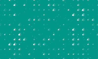 Seamless background pattern of evenly spaced white snowdrops of different sizes and opacity. Vector illustration on teal background with stars
