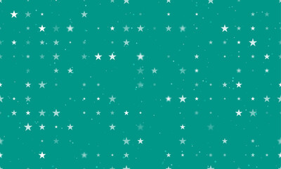 Seamless background pattern of evenly spaced white star symbols of different sizes and opacity. Vector illustration on teal background with stars