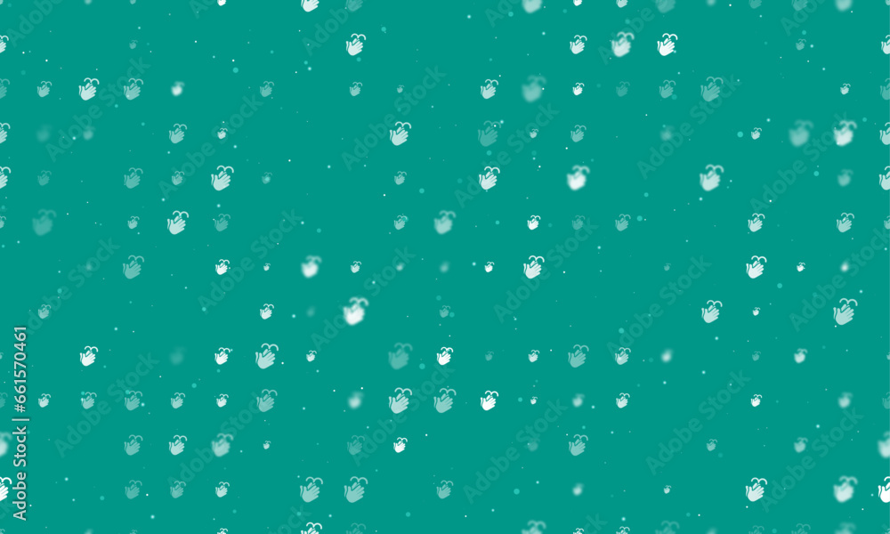 Poster seamless background pattern of evenly spaced white washing hands symbols of different sizes and opac