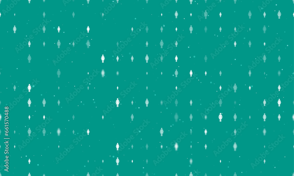 Poster seamless background pattern of evenly spaced white woman symbols of different sizes and opacity. vec