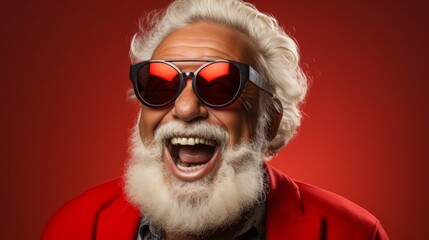 Aged Santa Claus in Sunglasses with Comic Grimace Fooling Around on Red Background