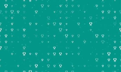 Seamless background pattern of evenly spaced white trophy symbols of different sizes and opacity. Vector illustration on teal background with stars