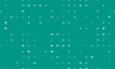 Seamless background pattern of evenly spaced white wifi symbols of different sizes and opacity. Vector illustration on teal background with stars