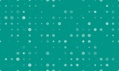 Seamless background pattern of evenly spaced white wheel symbols of different sizes and opacity. Vector illustration on teal background with stars