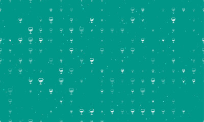 Seamless background pattern of evenly spaced white wineglass symbols of different sizes and opacity. Vector illustration on teal background with stars