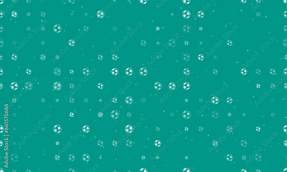 Poster seamless background pattern of evenly spaced white football symbols of different sizes and opacity. 