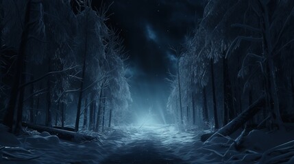 Photo of a snowy forest in the darkness