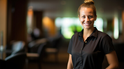 Fototapeta premium Portrait of a female cleaner against the background of a house or hotel