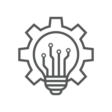 Bulb in gear icon. Simple outline style. Lightbulb with cog, creative energy, technology innovation concept. Vector illustration isolated on white background. Editable stroke. EPS 10.