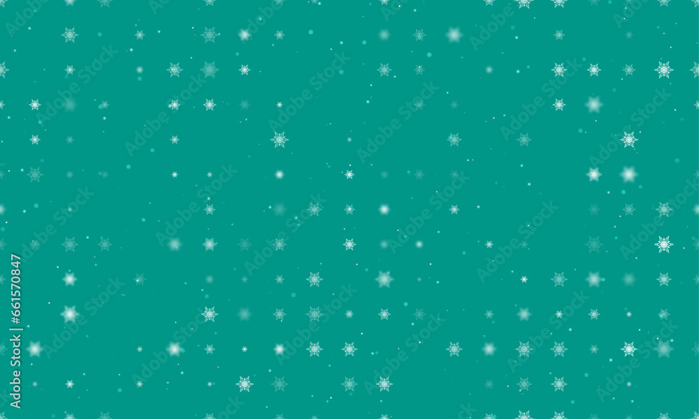 Poster seamless background pattern of evenly spaced white snowflakes of different sizes and opacity. vector