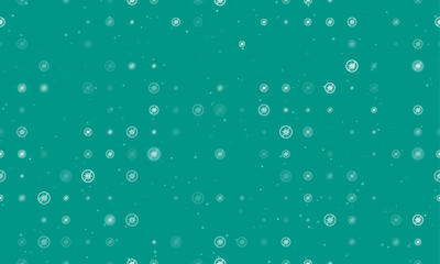 Seamless background pattern of evenly spaced white stop coronavirus symbols of different sizes and opacity. Vector illustration on teal background with stars