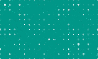 Seamless background pattern of evenly spaced white coronavirus symbols of different sizes and opacity. Vector illustration on teal background with stars