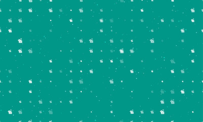 Seamless background pattern of evenly spaced white roasted turkeys of different sizes and opacity. Vector illustration on teal background with stars