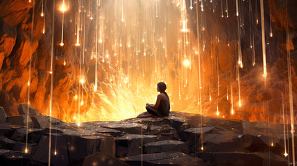 Woman meditating in a magical cavern filled with golden light sparkles. Spiritual practice, awakening the power of the mind. - obrazy, fototapety, plakaty