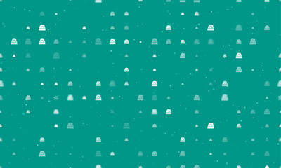 Seamless background pattern of evenly spaced white santa claus hat symbols of different sizes and opacity. Vector illustration on teal background with stars