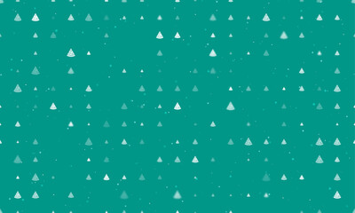 Seamless background pattern of evenly spaced white slice of pizzas of different sizes and opacity. Vector illustration on teal background with stars